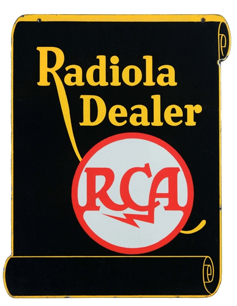 RCA RADIOLA DEALER DIE-CUT PORCELAIN SIGN.