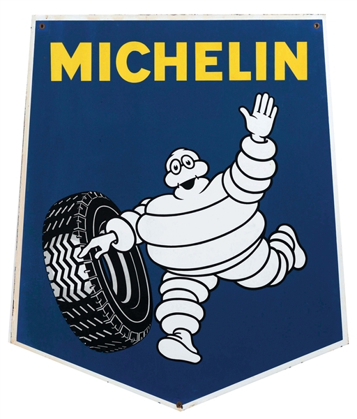 MICHELIN TIRES PORCELAIN SIGN WITH BIBENDUM GRAPHIC.