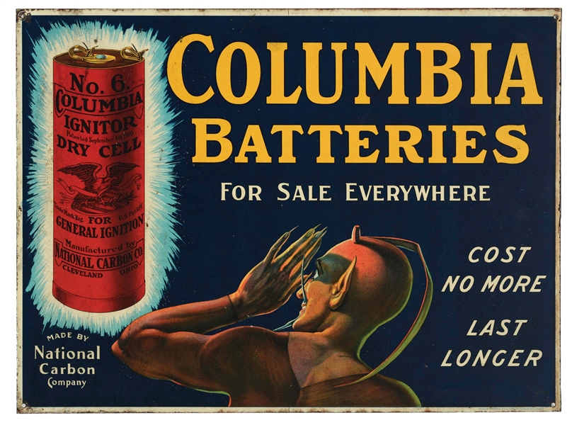 COLUMBIA BATTERIES TIN SIGN WITH DEVIL GRAPHIC.