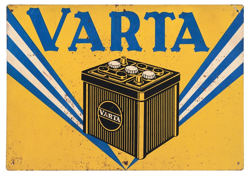 VARTA BATTERIES TIN SIGN WITH BATTERY GRAPHIC.