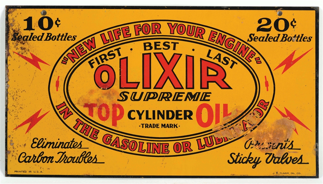 J.B. CLARK OLIXIR SUPREME MOTOR OIL TIN SIGN.