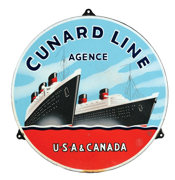 CUNARD SHIP LINES AGENCY PORCELAIN SIGN WITH SHIP GRAPHICS.