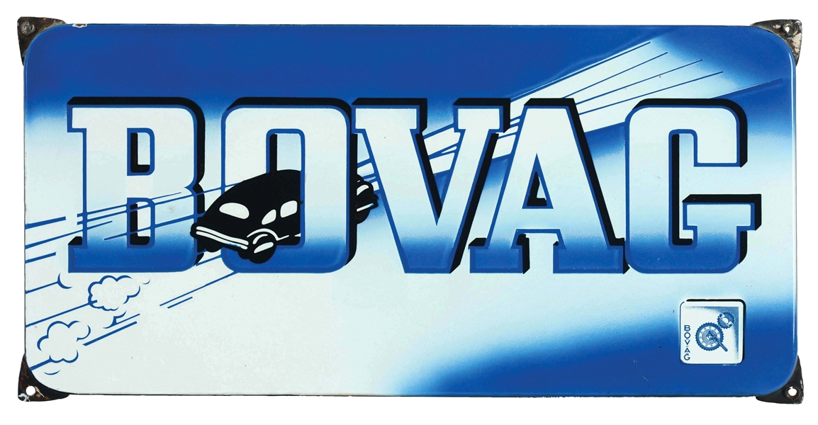 BOVAG PORCELAIN SIGN WITH CAR GRAPHIC.