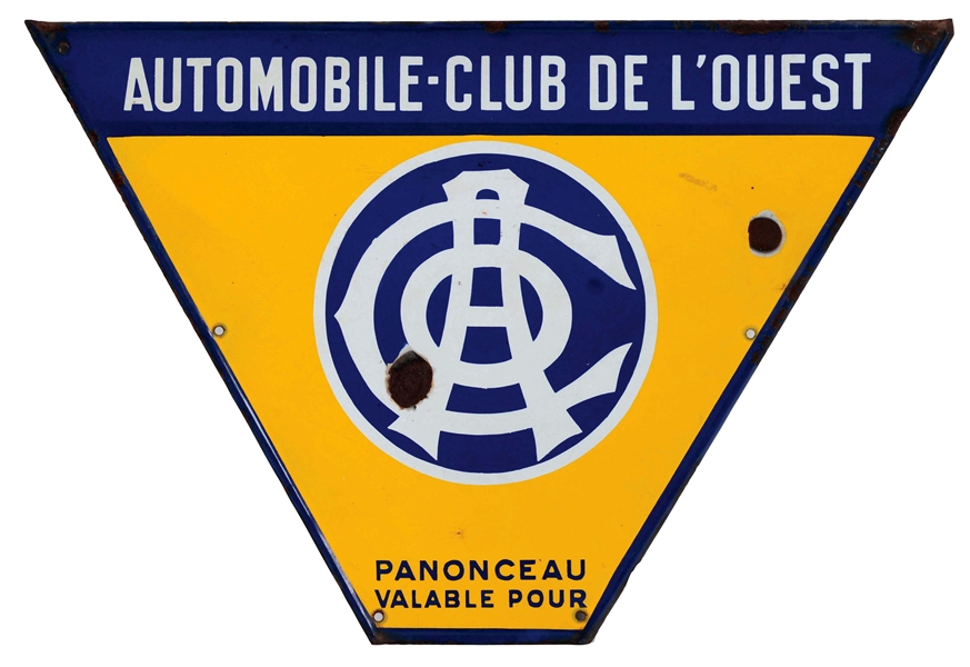 AUTOMOBILE CLUB DE LOUEST PORCELAIN SIGN WITH SELF FRAMED EDGE.