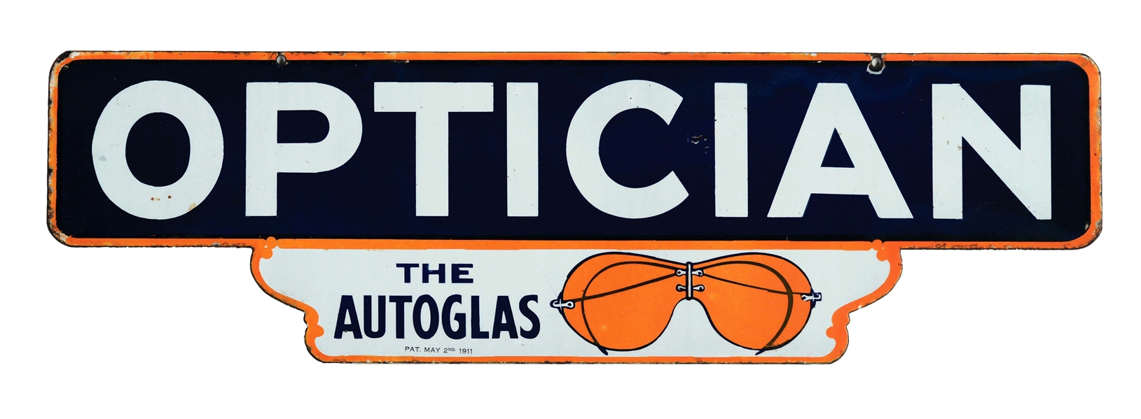 OPTICIAN DIE-CUT PORCELAIN SIGN WITH AUTOGLAS GLASSES GRAPHIC.