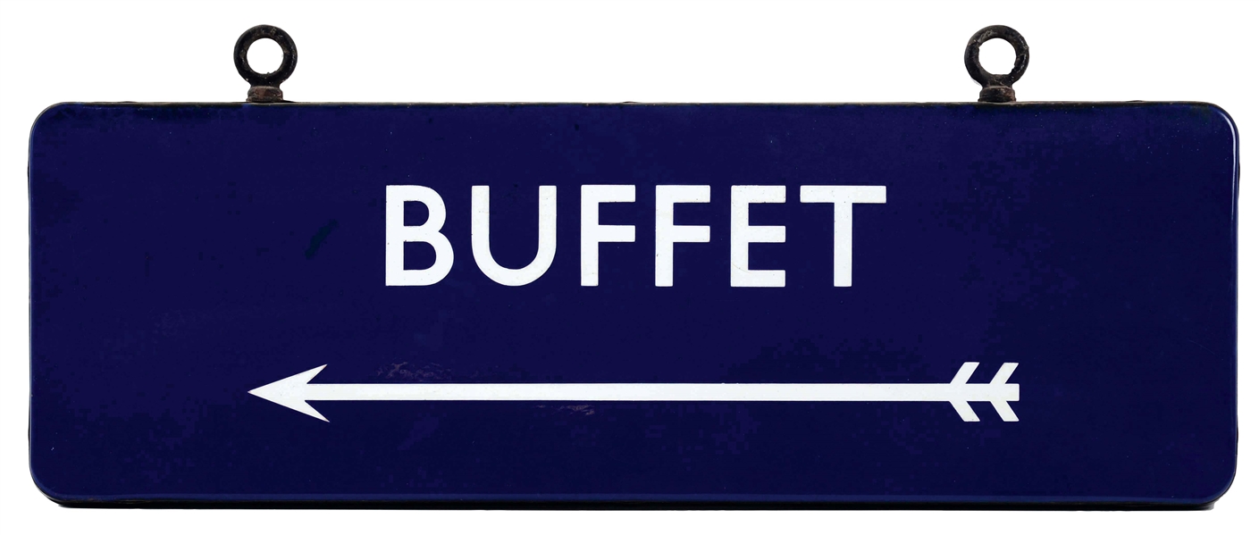 BUFFET PORCELAIN SIGN WITH ARROW GRAPHIC ON ORIGINAL METAL HANGER.