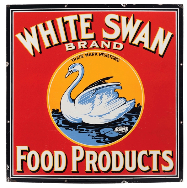 WHITE SWAN BRAND FOOD PRODUCTS PORCELAIN SIGN WITH SWAN GRAPHIC.