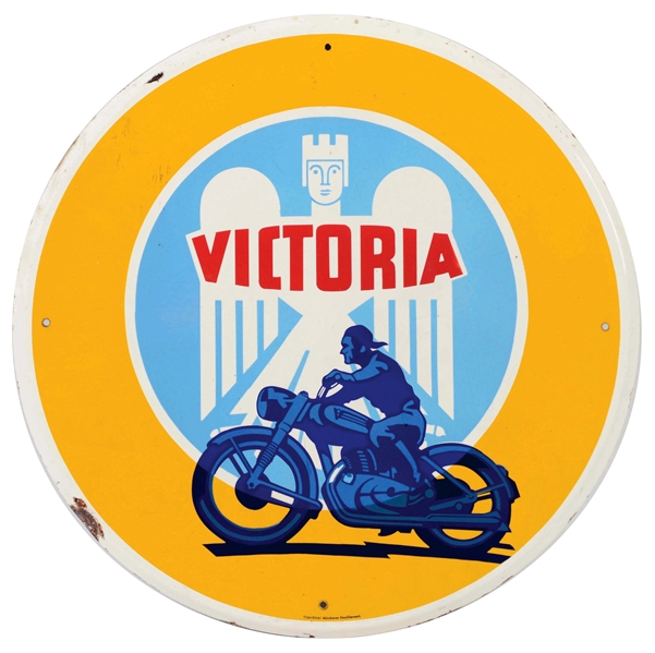VICTORIA MOTORCYCLE PORCELAIN SIGN WITH MOTORCYCLE GRAPHIC.