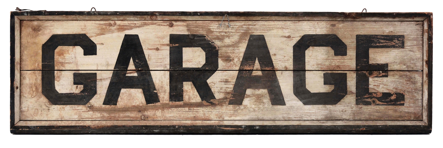 HAND PAINTED WOODEN GARAGE SIGN WITH WOOD FRAMING.