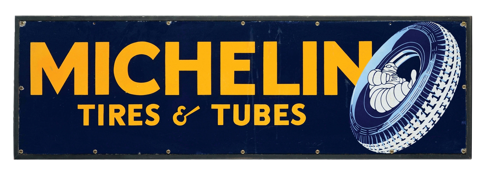 RARE MICHELIN TIRES & TUBES PORCELAIN SIGN WITH BIBENDUM IN TIRE GRAPHIC.