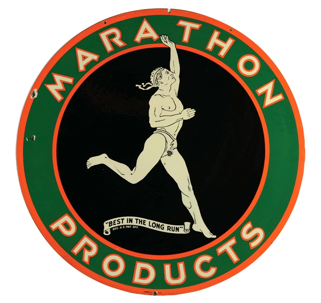 MARATHON PRODUCTS PORCELAIN SIGN WITH RUNNING MAN GRAPHIC. 