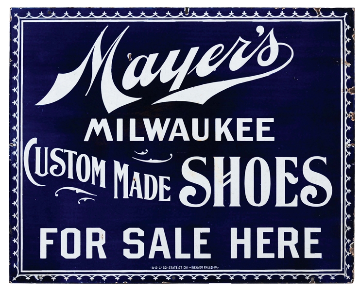 MAYERS CUSTOM MADE SHOES FOR SALE HERE PORCELAIN SIGN.