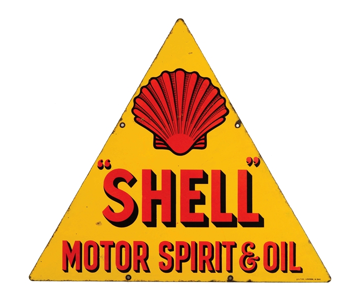 SHELL MOTOR SPIRIT & OIL PORCELAIN SIGN WITH CLAMSHELL GRAPHIC.