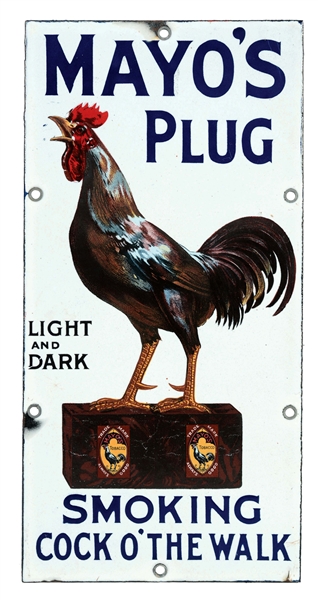 MAYOS PLUG TOBACCO PORCELAIN SIGN WITH ROOSTER GRAPHIC.