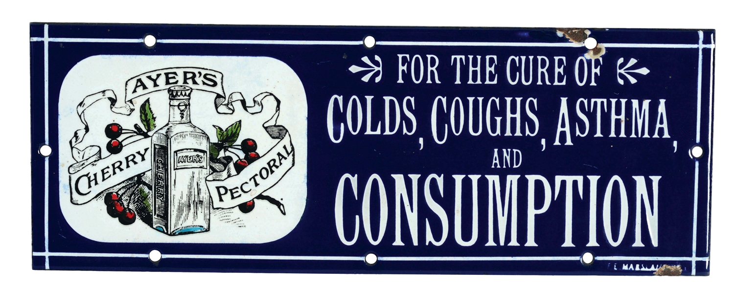 EXTREMELY RARE AYERS CHERRY PECTORAL CURE OF COLDS, COUGHS, ASTHMA & CONSUMPTION PORCELAIN SIGN.