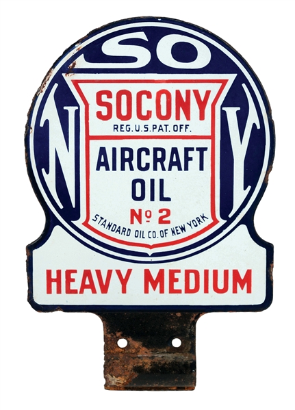 SOCONY AIRCRAFT MOTOR OIL HEAVY MEDIUM PORCELAIN PADDLE SIGN. 