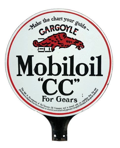 MOBILOIL CC MOTOR OIL PORCELAIN PADDLE SIGN WITH GARGOYLE GRAPHIC.