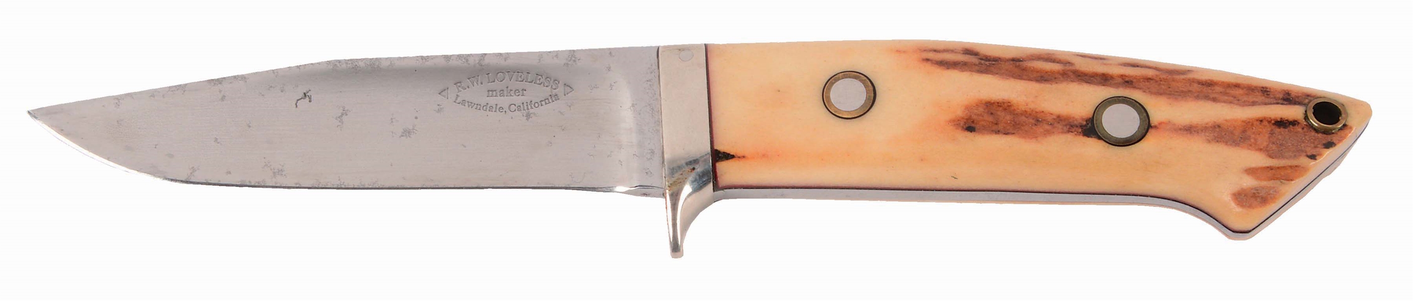 RARE AND DESIRABLE R.W. LOVELESS LAWNDALE CA, DROP POINT SKINNER WITH STAG GRIPS
