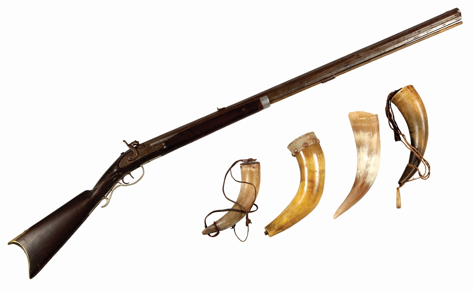 (A) LOT OF 6: POWDER HORNS AND PLAINS RIFLE.
