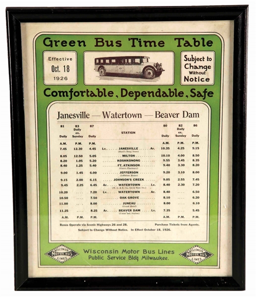 GREEN BUS TIME TABLE ADVERTISEMENT.