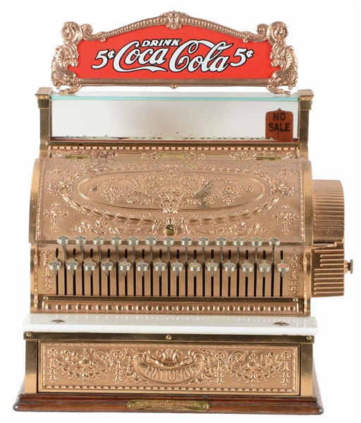NATIONAL CASH REGISTER BRASS MODEL 347 WITH COCA COLA MARQUEE.