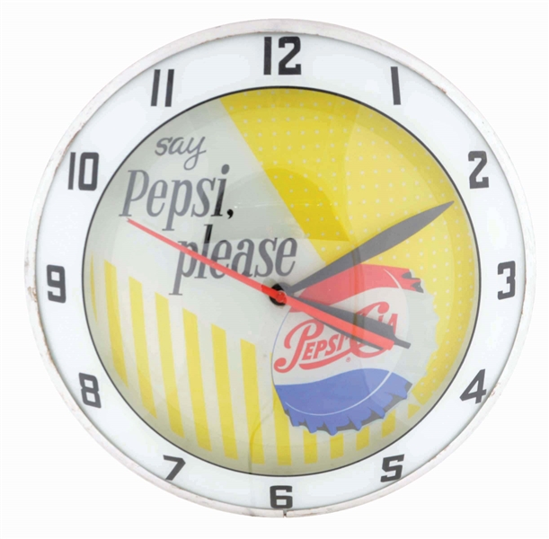 1950S SAY PEPSI, PLEASE PEPSI-COLA DOUBLE BUBBLE LIGHTED CLOCK.