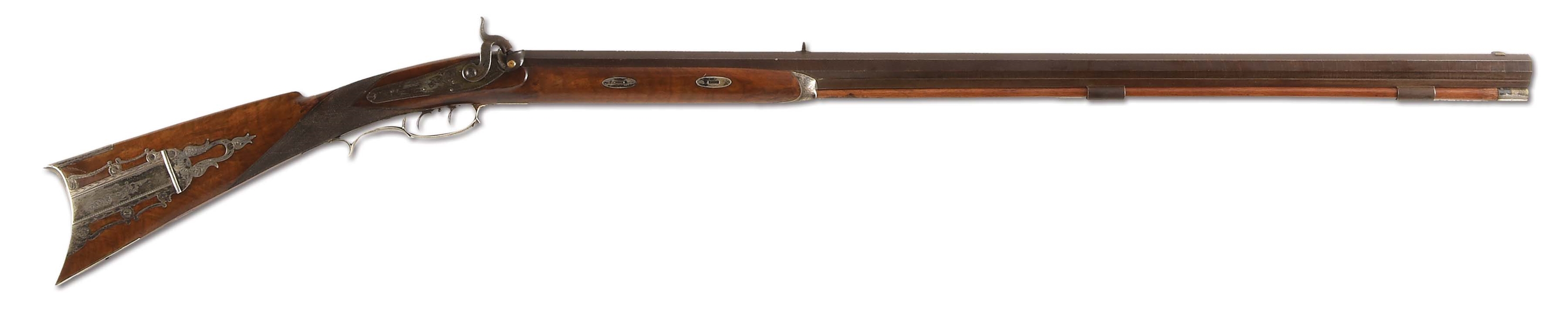 (A) RARE JOHN KRIDER HALF-STOCK PLAINS STYLE SILVER MOUNTED PERCUSSION SPORTING RIFLE.