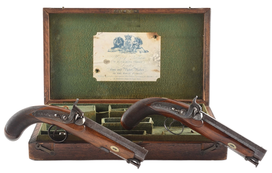 (A) CASED PAIR OF ENGLISH PERCUSSION TARGET OR DUELING PISTOLS BY HENRY TATHAM.
