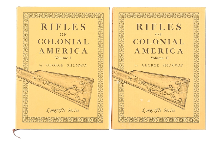 LOT OF 2: TWO RARE COPIES OF GEORGE SHUMWAYS "RIFLES OF COLONIAL AMERICA", VOLUMES I & II IN CASE.
