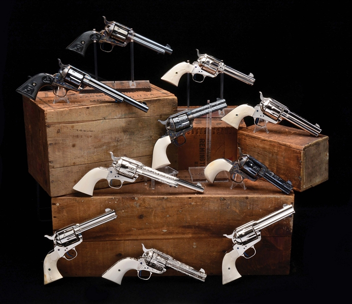 (M) LOT OF 10: CONSECUTIVELY NUMBERED UNFIRED COLT CUSTOM SHOP SINGLE ACTION ARMY REVOLVERS IN CUSTOM DISPLAY CASE.