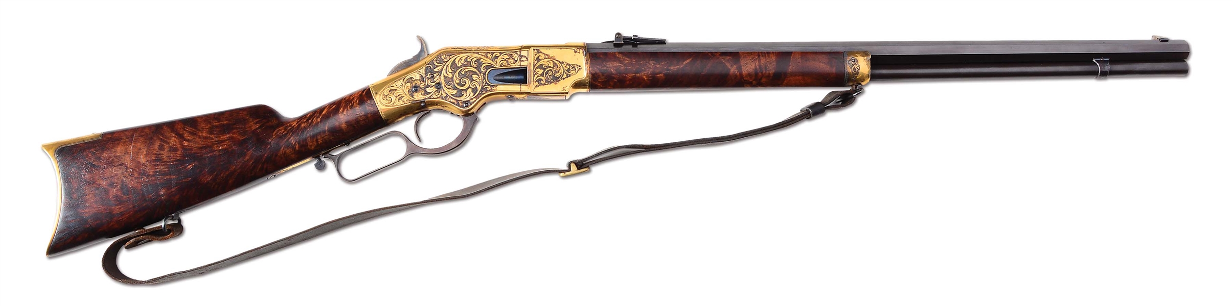 (A) INCREDIBLY RARE J. ULRICH SIGNED, ENGRAVED & GOLD PLATED WINCHESTER MODEL 1866 LEVER ACTION RIFLE WITH FACTORY LETTER.