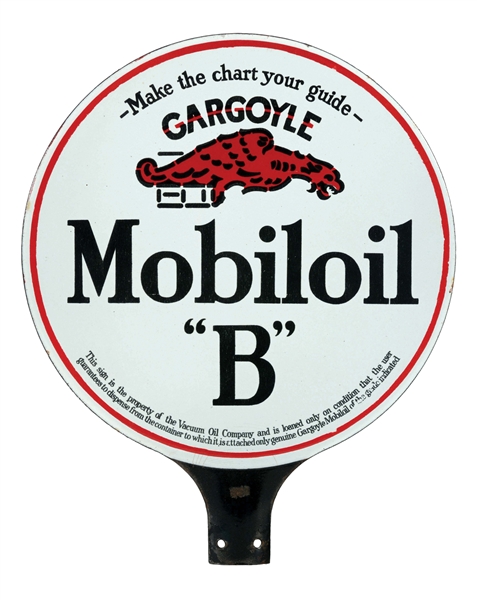 MOBILOIL "B" MOTOR OIL PORCELAIN PADDLE SIGN WITH GARGOYLE GRAPHIC.