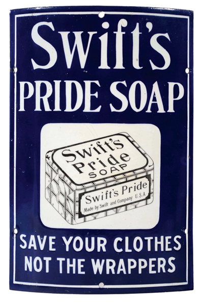 SWIFTS PRIDE SOAP CURVED PORCELAIN SIGN.