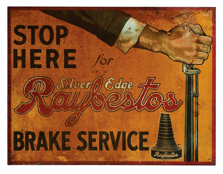 RAYBESTOS BRAKE SERVICE TIN FLANGE SIGN WITH HAND GRAPHIC.