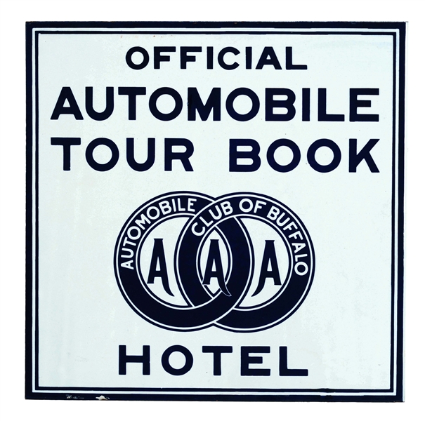 AUTO CLUB OF BUFFALO TOUR BOOK HOTEL PORCELAIN FLANGE SIGN.