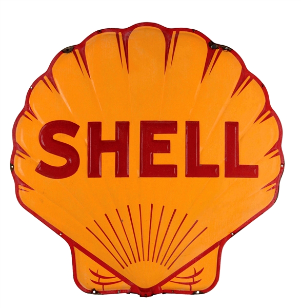 SHELL GASOLINE DIE-CUT EMBOSSED PORCELAIN CLAMSHELL SIGN.