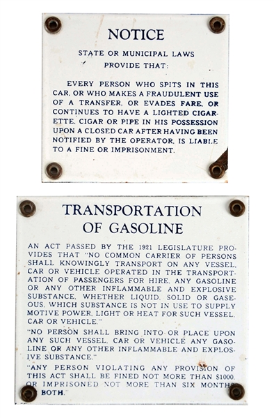 LOT OF 2: PORCELAIN TROLLEY CAR NOTICE SIGNS.