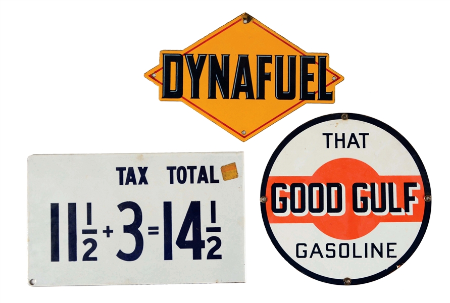 LOT OF 3: PORCELAIN GAS & OIL SIGNS FROM GULF & SUNOCO.