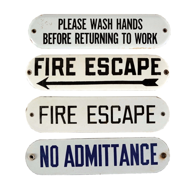LOT OF 4: FIRE ESCAPE, PLEASE WASH HANDS & NO ADMITTANCE PORCELAIN DOOR SIGNS.