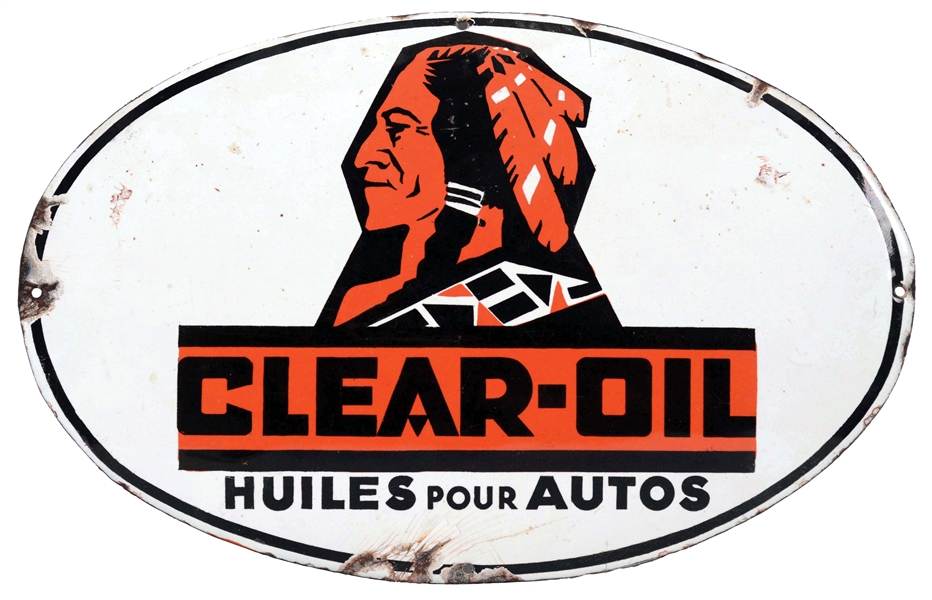 CLEAR OIL MOTOR OIL PORCELAIN SIGN WITH NATIVE AMERICAN GRAPHIC.