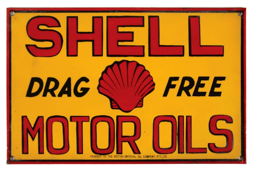 SHELL DRAG FREE MOTOR OILS PORCELAIN SIGN WITH CLAMSHELL GRAPHIC.