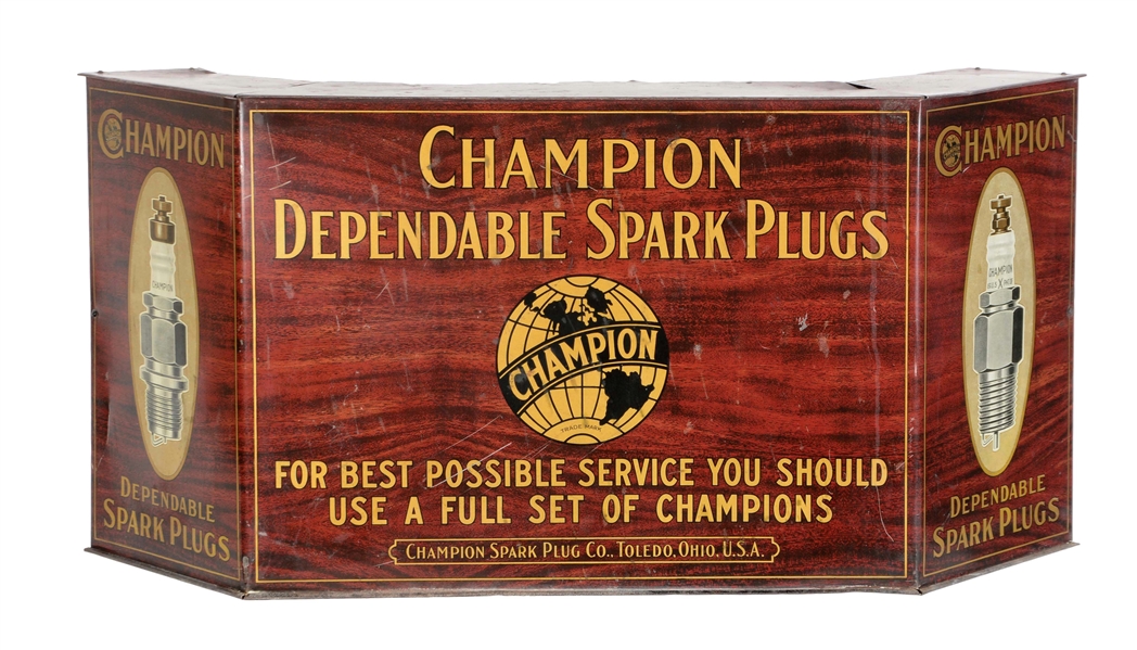 CHAMPION DEPENDABLE SPARK PLUGS TIN COUNTERTOP STORE DISPLAY CABINET.