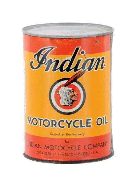 INDIAN MOTORCYCLE ONE QUART OIL CAN WITH BULLSEYE LOGO. 