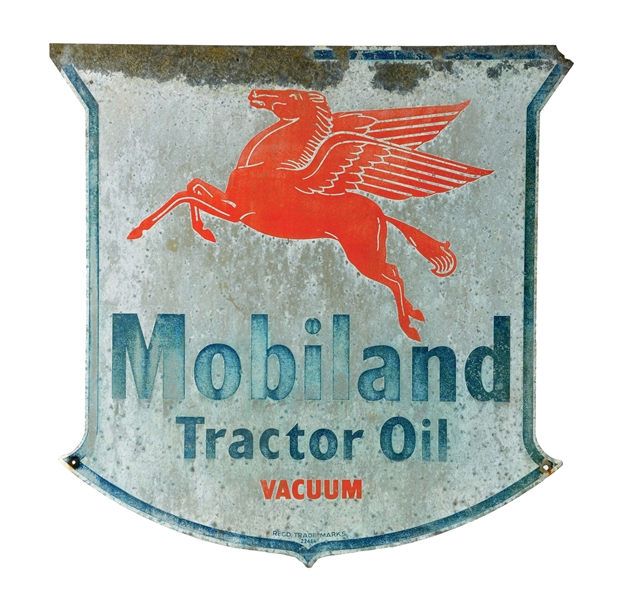 MOBILAND TRACTOR OIL TIN SHIELD SIGN WITH PEGASUS GRAPHIC.