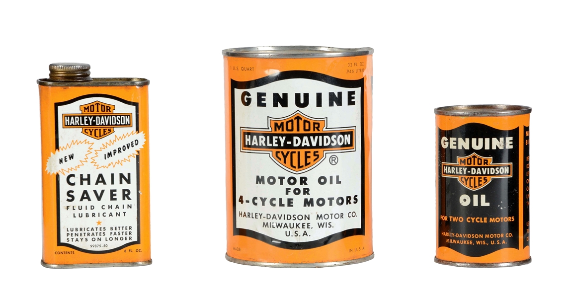 LOT OF 3: HARLEY DAVIDSON MOTORCYCLE OIL CANS.
