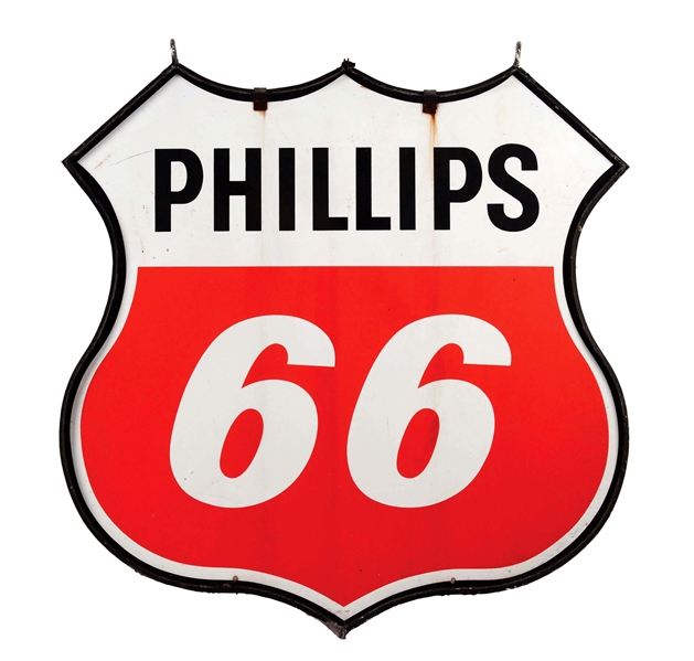 PHILLIPS 66 GASOLINE PORCELAIN SHIELD SIGN WITH ORIGINAL METAL RING.