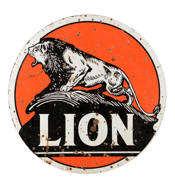 LION GASOLINE PORCELAIN SIGN WITH LION GRAPHIC.