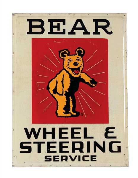 BEAR WHEEL & STEERING SERVICE TIN SIGN WITH FRAMED EDGE.
