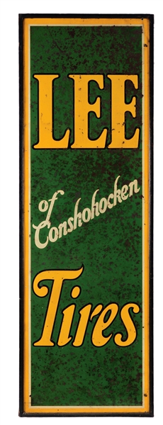 LEE TIRES SINGLE SIDED TIN SIGN WITH ORIGINAL WOOD FRAMING.