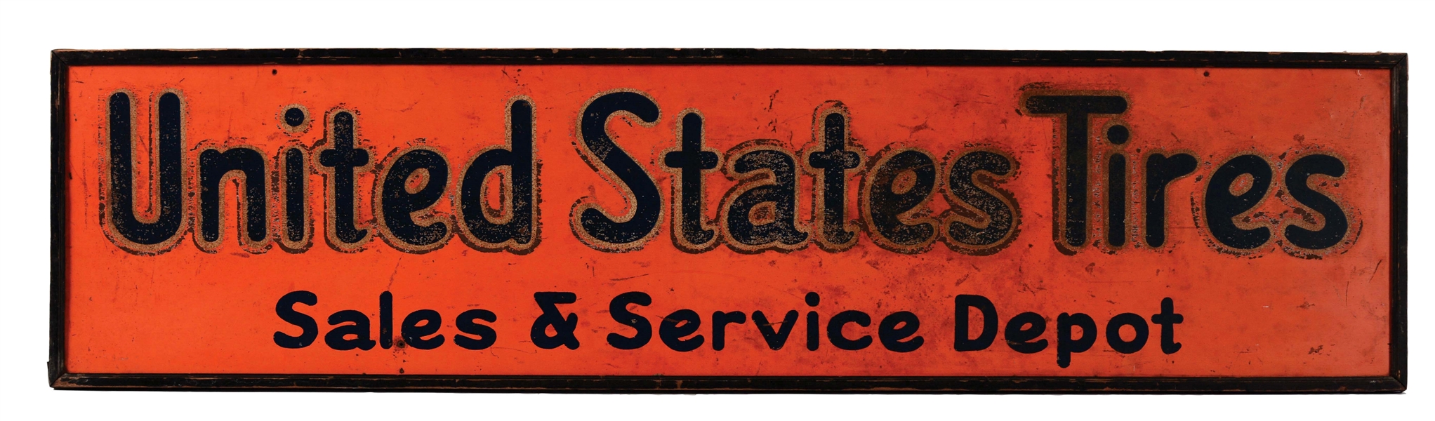 UNITED STATES TIRES SALES & SERVICE DEPOT TIN SIGN WITH ORIGINAL WOOD FRAME.